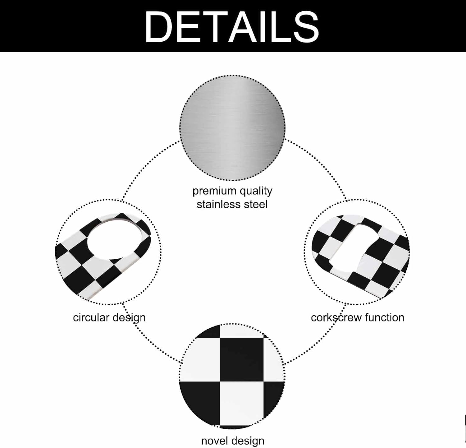 Black White Checkered Stainless Steel Bottle Opener Cool Car Racing Sports Plaid Pattern Geometric Design Flat Beer Bottle Opener Keychain for Home Kitchen Bar Restaurant Party Birthday Gift