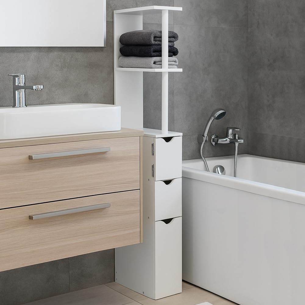BAKAJI Mobile Bagno Alto Salvaspazio in Legno Bianco, Armadietto Slim con 3 Cassetti e 2 Ripiani, Armadio Multiuso per Ufficio, Studio, Casa, Mobiletto per Interni Design Minimal 33 x 15 x 136 cm