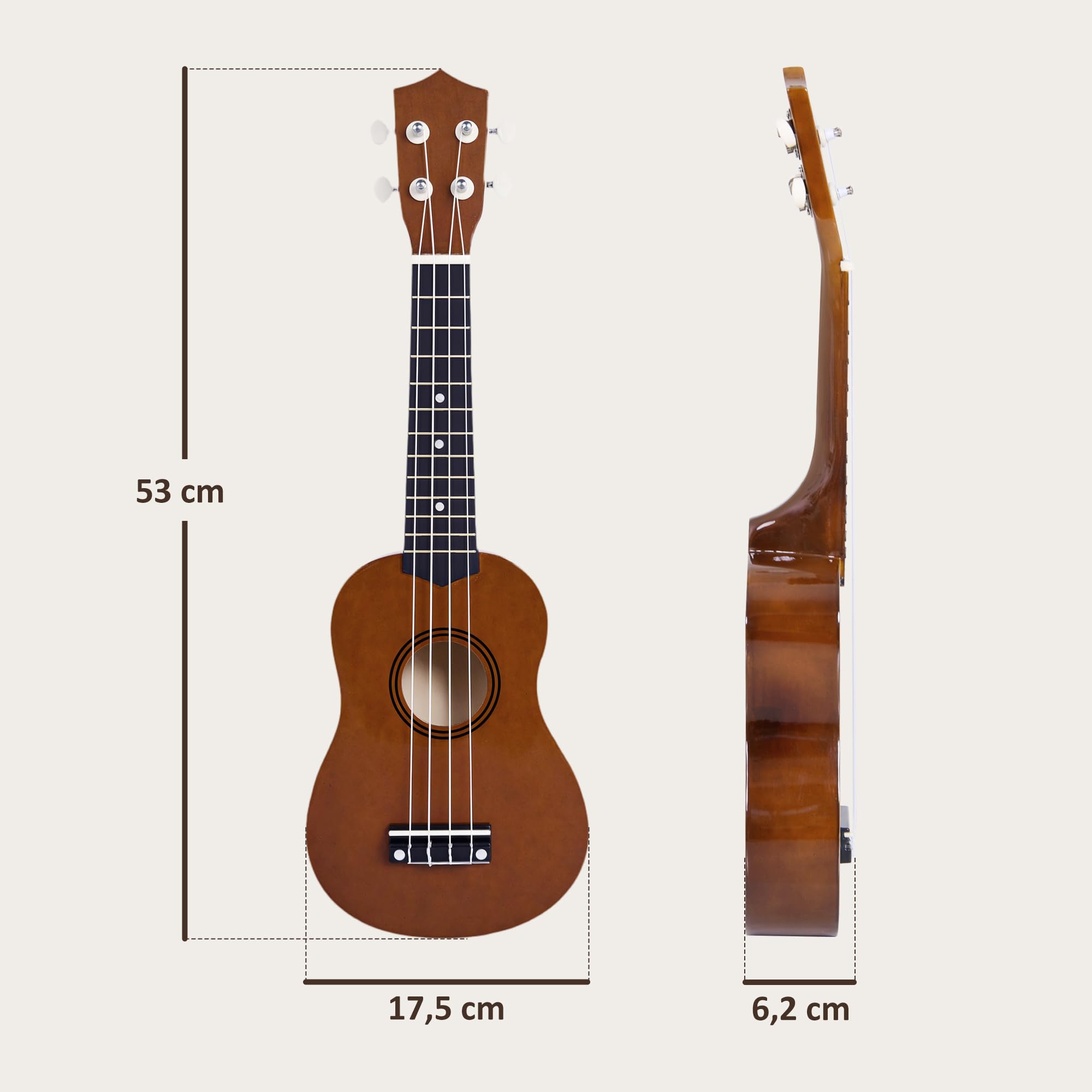 HOMCOM Ukelele 21 Pulgada Ukelele Soprano para Principiantes apto para Concierto y Escuelas Cuerdas de Nylon Material Madera Marrón