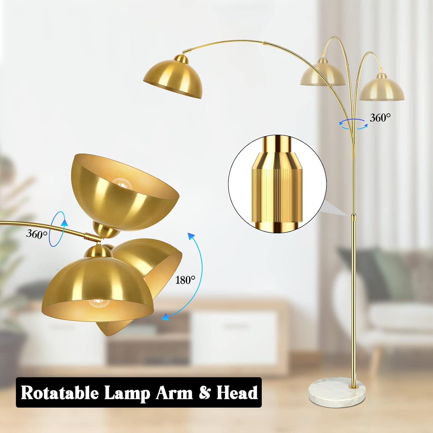 Contemporary Gold 73" Arc Floor Lamp with Hanging Dome Shade, Marble Base Adjustable Farmhouse Over the Couch Tall Stand Up Light, Industrial Task/Reading Standing Corner Lamp for Living Room Bedroom