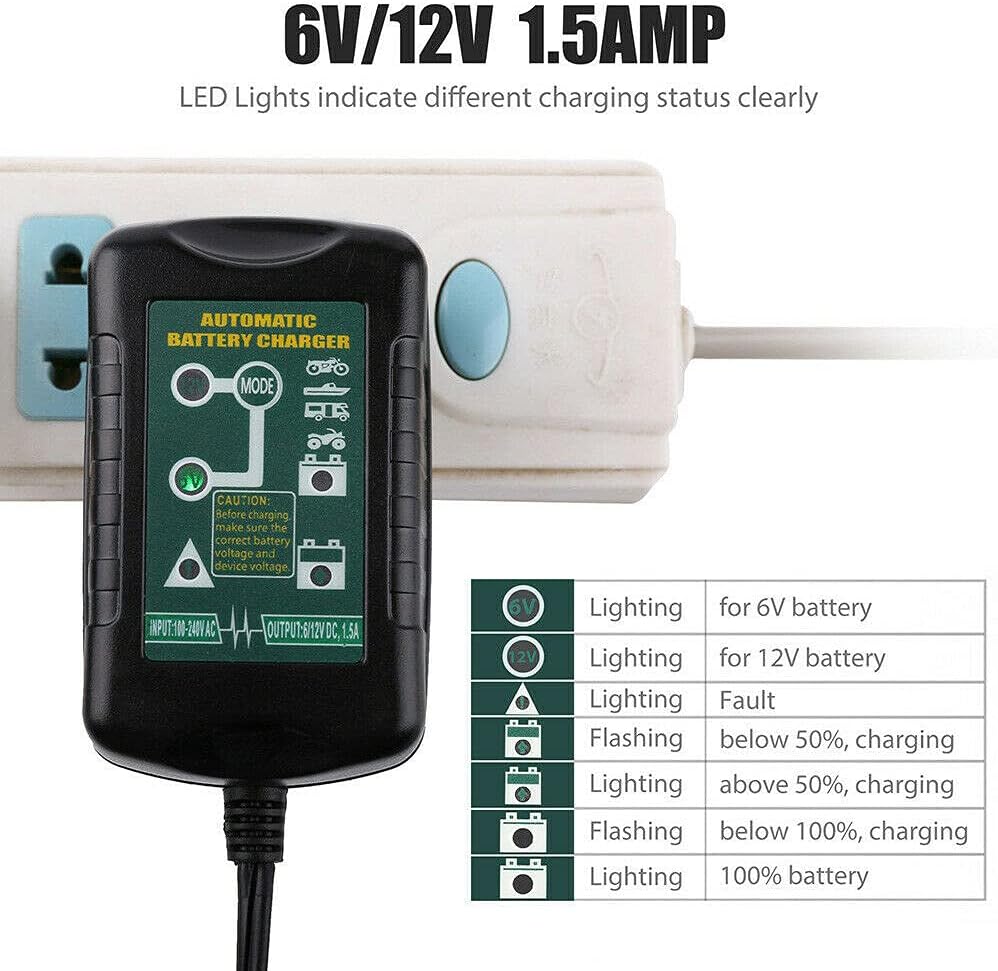 6V 12V 1.5A Car Motorcycle Battery Charger, 7-60Ah, 2-Pin, IP64, Desulfation, Bulk, Absorbtion, Float, Winter Mode, Reverse Polarity Protection