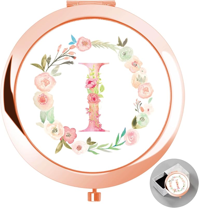 Espelho compacto personalizado com inicial I, acabamento Rose Gold e caixa
