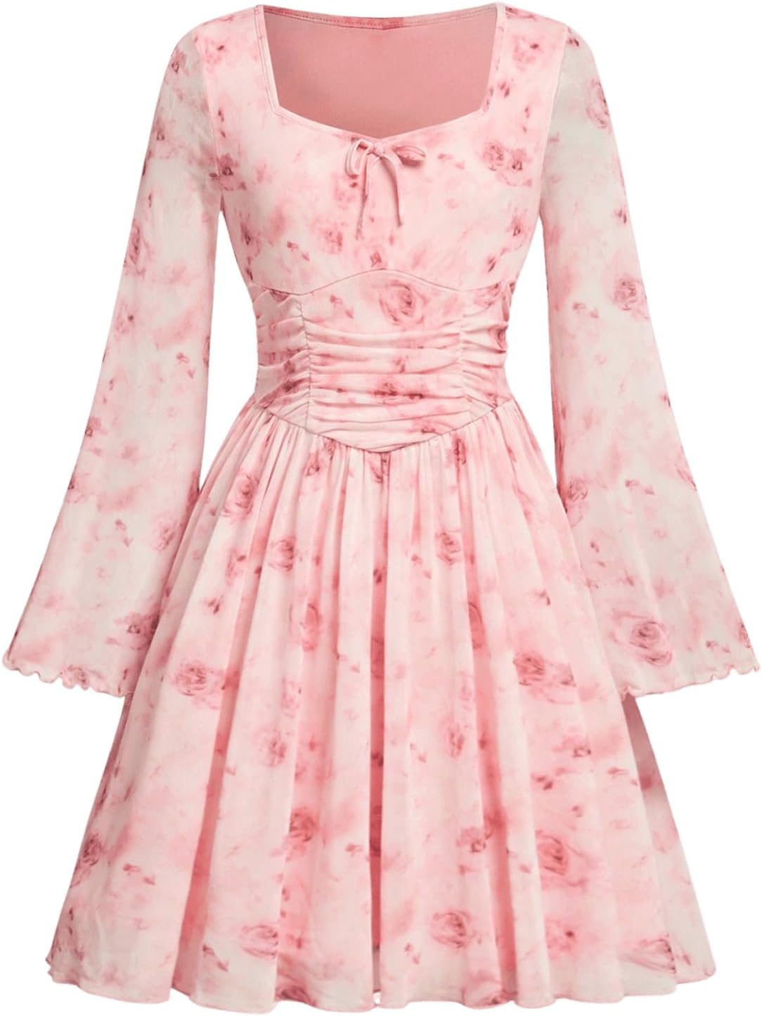 Verdusa Girl's Floral Mesh Boho Dresses Long Sleeve Ruched A Line Flowy Dress Spring Clothes Festival Outfits