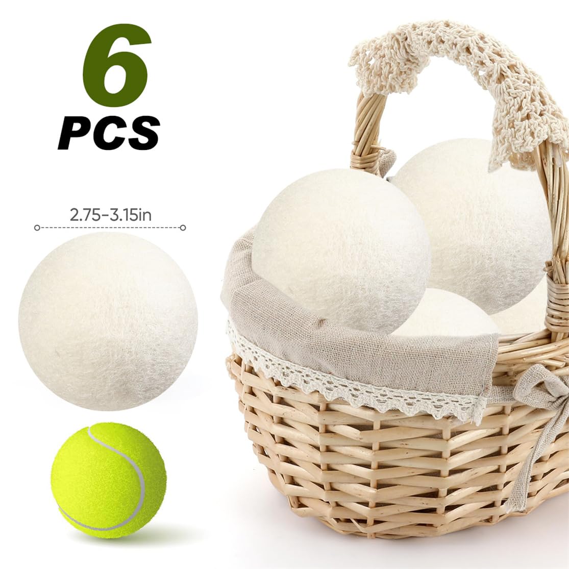 Bolas de lana reutilizables para secadora de ropa, suavizante de tela natural, hojas de repuesto para reducir la estática y las arrugas, juego de 6 unidades