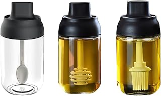MARMODAY Juego de tarros de condimentos de cristal, 250 ml, recipiente de sal con tapa, cuchara de aceituna, ollas de condimentos para cocina, 3 unidades, color negro