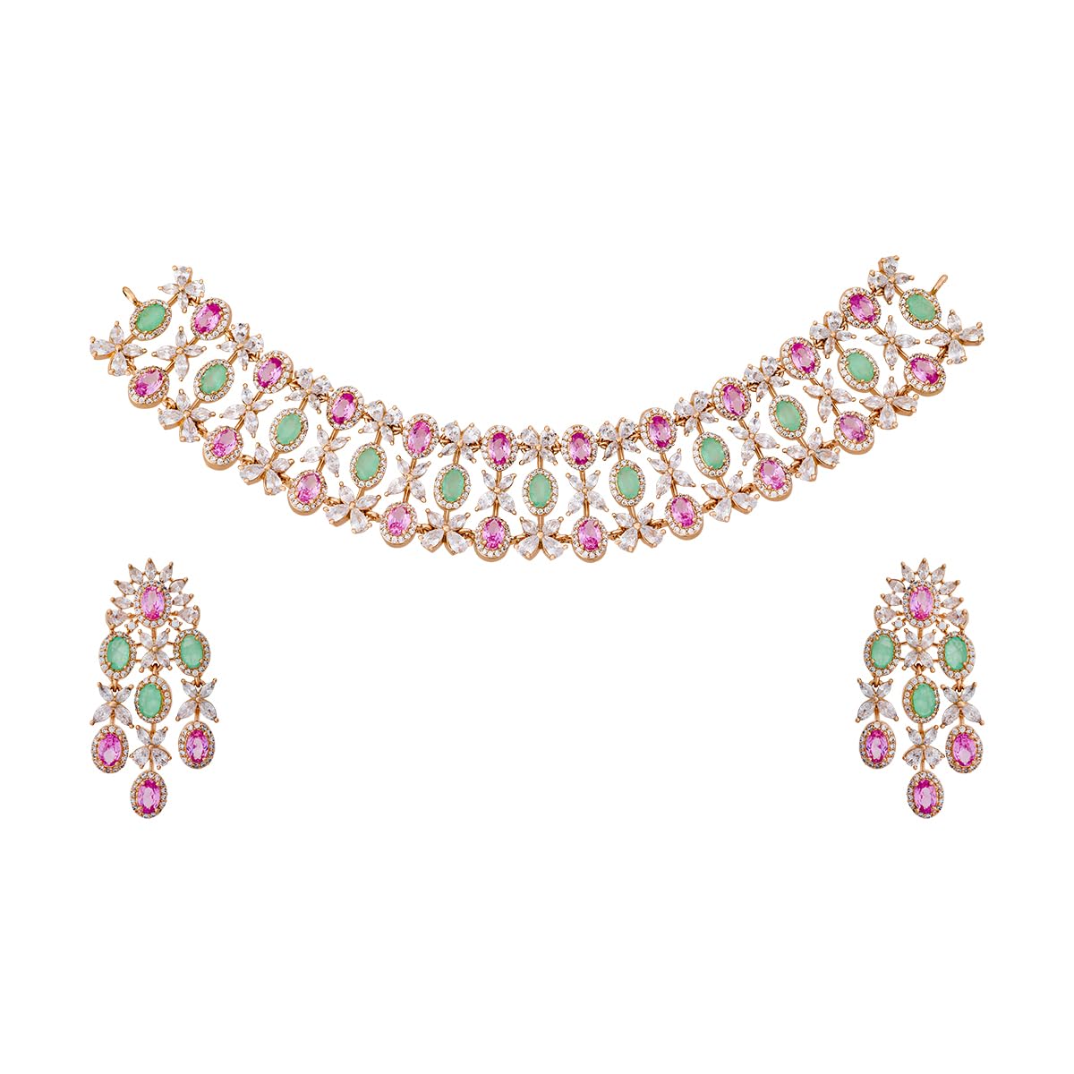Fashion Jewellery Pink-Mint Gold Rose Plated Zircon Necklace Set with Hanging Earrings for Women | Adjustable Chain | Party, Bridal & Occasion Wear - 472394-image-41
