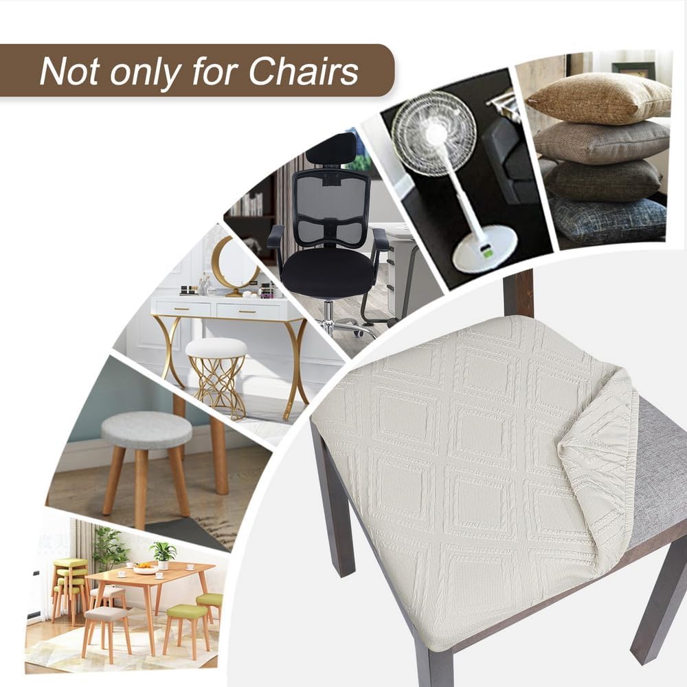 SearchI Waterproof Seat Covers for Dining Room Chairs Stretch Jacquard Chair Seat Covers Set of 4, Removable Washable Kitchen Chair Seat Protector Cushion Slipcovers for Office (Beige Rhombus)