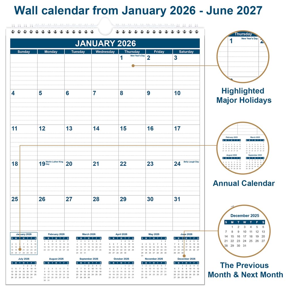 Kalendarz 2025-2026 - kalendarz ścienny na 20 miesięcy, od listopada 2025 do czerwca 2027 r., 2026, wiszący terminarz ścienny z grubym papierem, 30 x 36,8 cm, niebieski