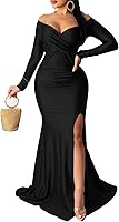 Vakkest Women's Off Shoulder Long Sleeve High Split Maxi Dress - Sexy Ruched Bodycon Evening Prom Cocktail Wedding Gown