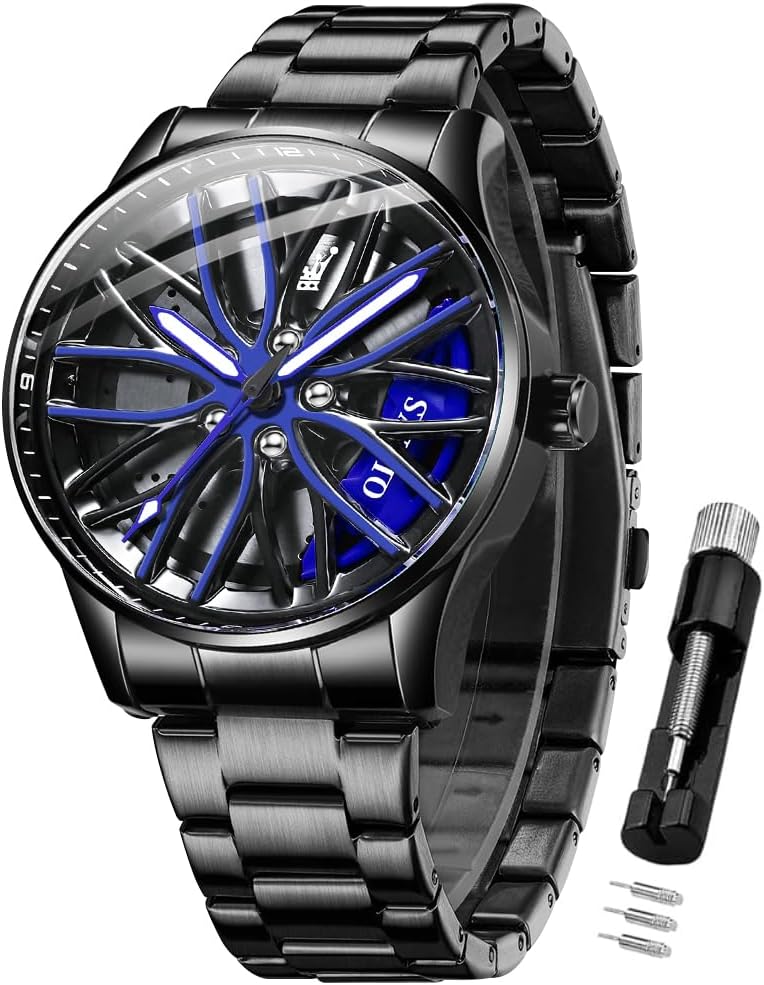 Men's Watch Analog Quartz Fashion 3D Rotatable Car Wheel Stainless Steel Waterproof Luminous Casual Men's Car Wheel Watch