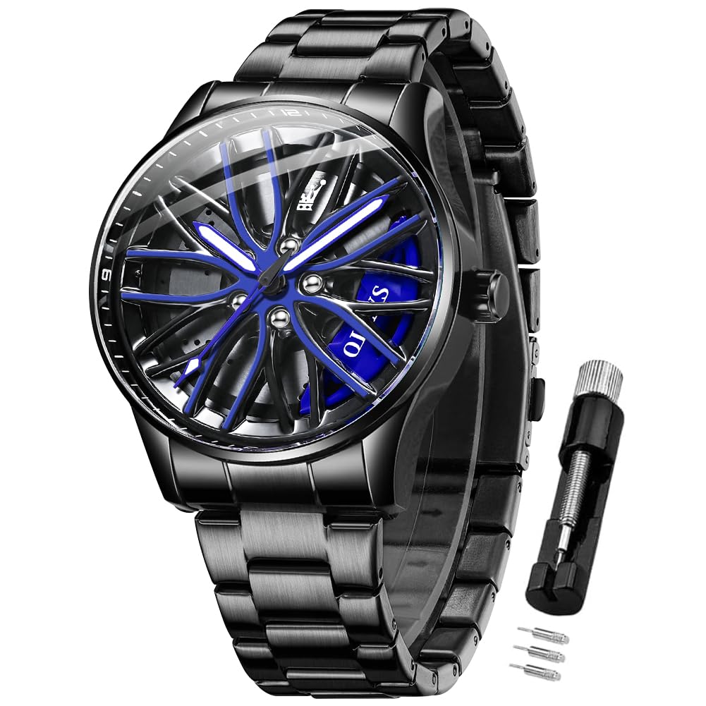 OLEVSMen's Watch Analog Quartz Fashion 3D Rotatable Car Wheel Stainless Steel Waterproof Luminous Casual Men's Car Wheel Watch