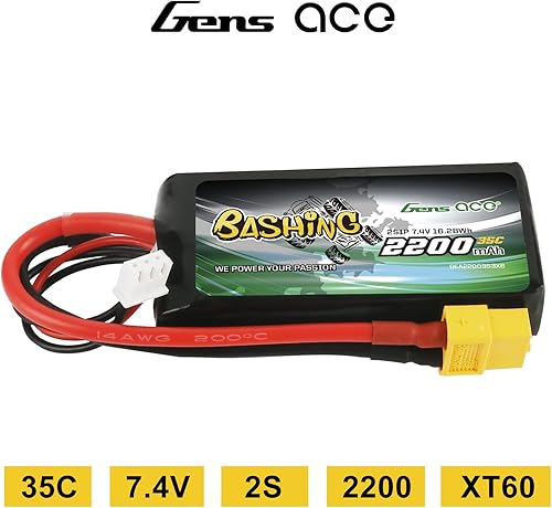 Miniatura 2 de Gens ace 2S Lipo Battery 7.4V 2200mAh 35C Soft Case Pack con XT60 Plug para Omar con RC TRX 116 E-Revo VXL Summit Slash Losi 114 Mini 8ight y RC Cars