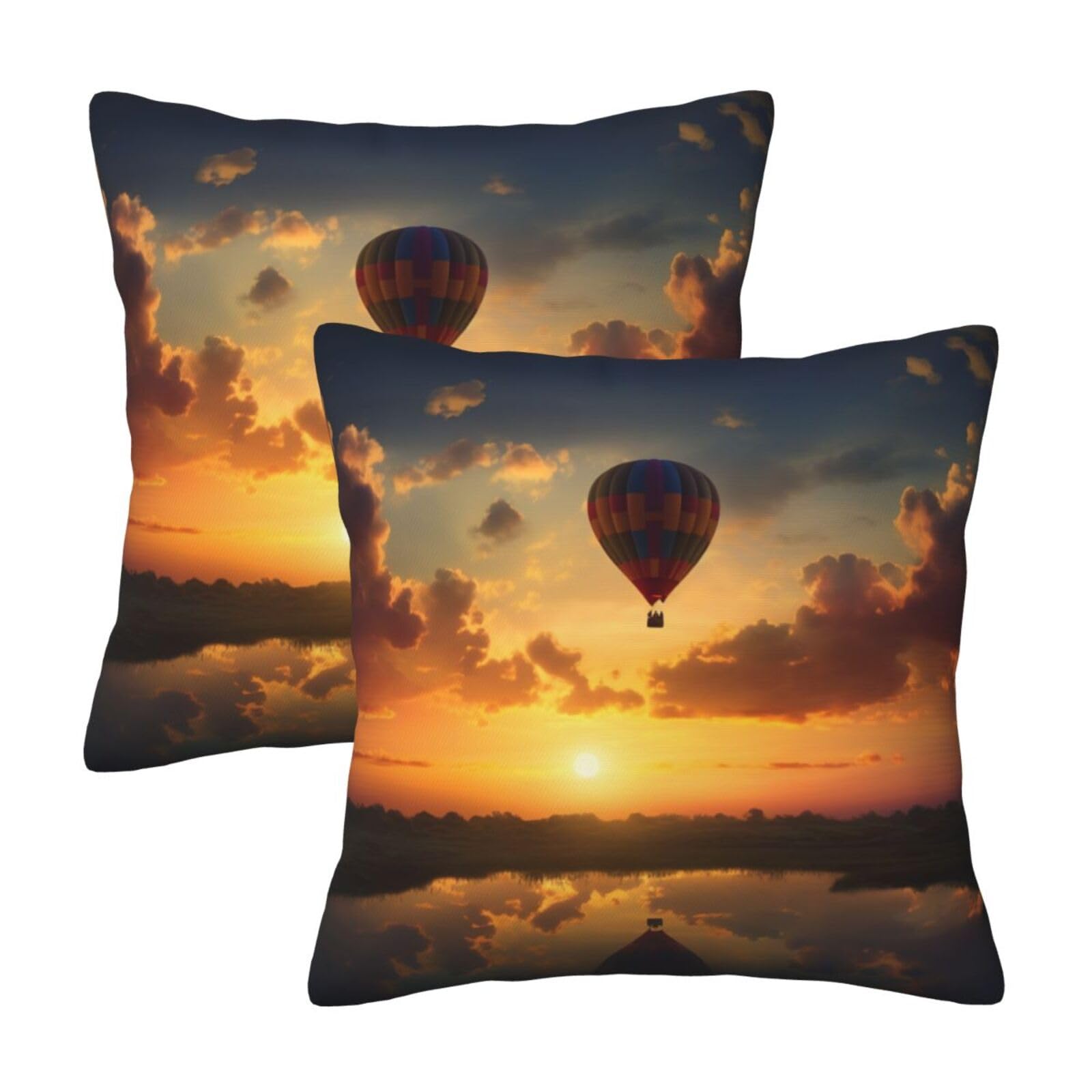 Hot Air Balloon Sunset Throw Pillow Cases 2 Pack Square Pillowcases Soft Pillow Protectors for Couch Livingroom Sofa Bed Office Car,30x30 CM