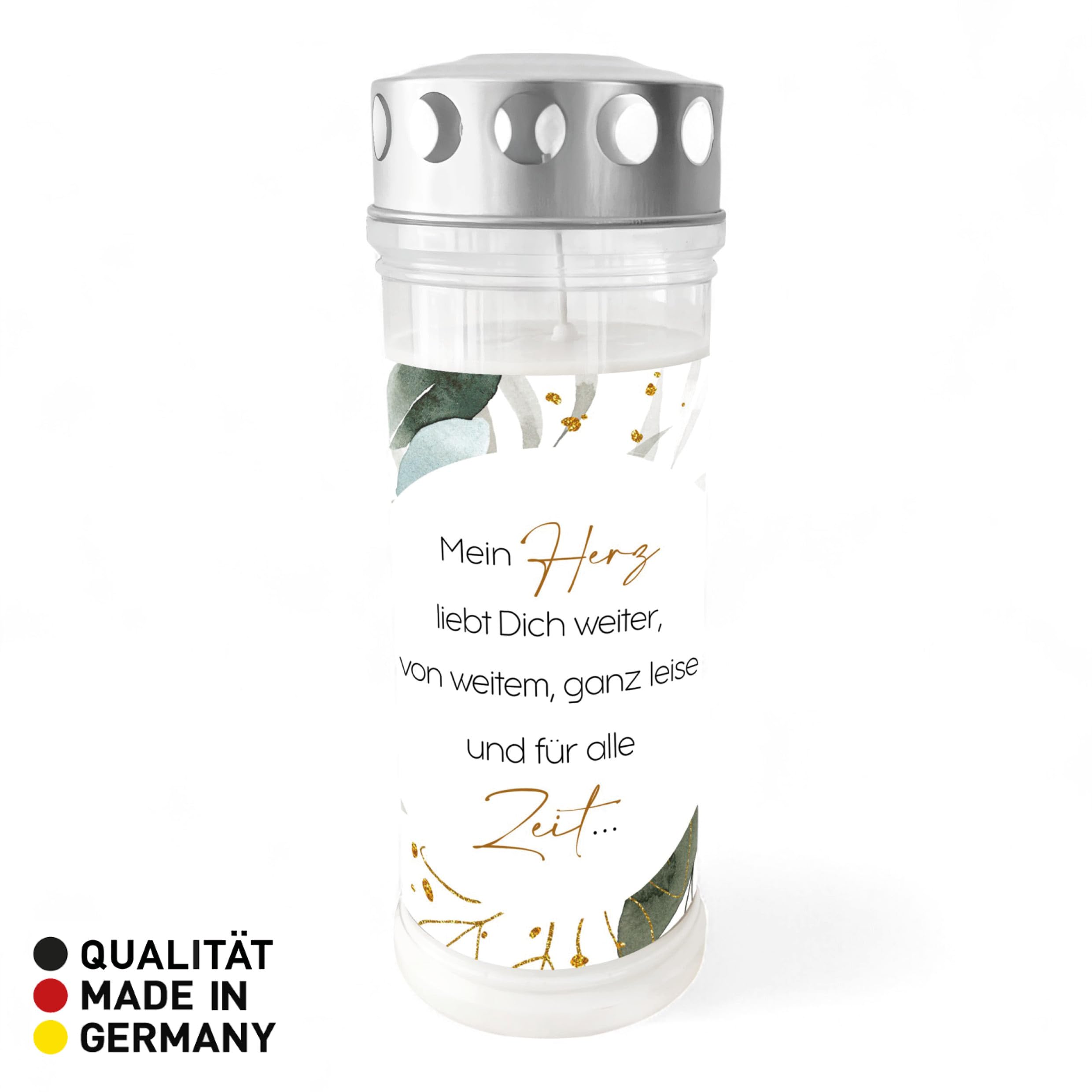 Grablicht mit Spruch "Mein Herz liebt Dich weiter, von weitem, ganz leise und für alle Zeit" | Eukalyptus Kranz | 3er Set | 7-Tage Brenner | Öl-Licht in deutscher Qualität