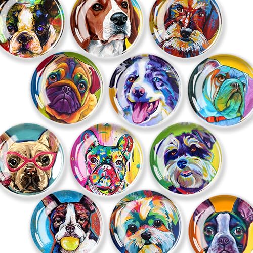 JJ PRIME - 12 Pcs Fridge Magnets | Round Fridge Magnet | Mini Fridge Accessories | Craft Magnets | Small Magnets for Whiteboard, Office. Kitchen and School (Dogs Design)