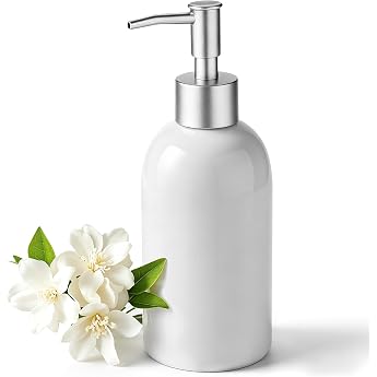 Hejo 350 ml Ceramic Soap Dispenser with Silver Pump Refillable Soap Dispenser Bathroom Practical Dishwasher Dispenser Kitchen - for Hand Soap Lotion Laundry Room Bathroom & Kitchen White