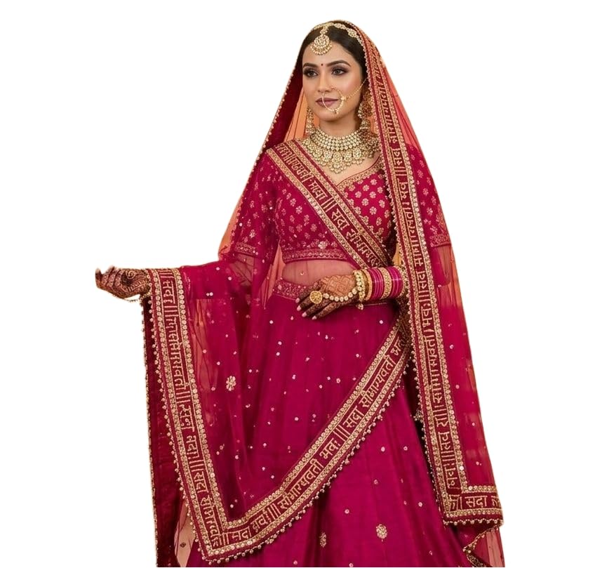 navti creations Wedding Bridal Women's Magenta (Pink) Net Dupatta With Sada Saubhagyawati Bhaw Embroidery Border (Full Stone work, 2.25m, 4 side moti lace)-picture-29