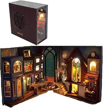 DIY Miniature Book Nook kit, Bookend House Building kit, Dollhouse Booknook Kit, 3D Wooden Puzzle Bookend Bookshelf Insert Decor with Light for Adults