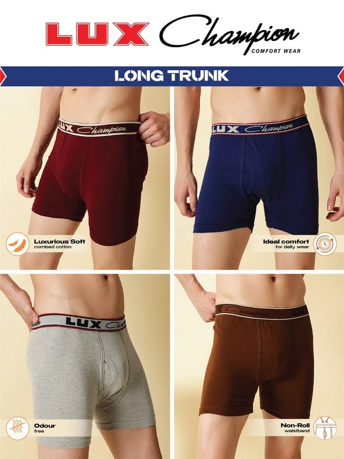 Image of Lux Champion Men's Long Trunk | 100% Super Combed Cotton | Breathable, Light & Comfortable Underwear | Pack of 3 (Color May Vary)