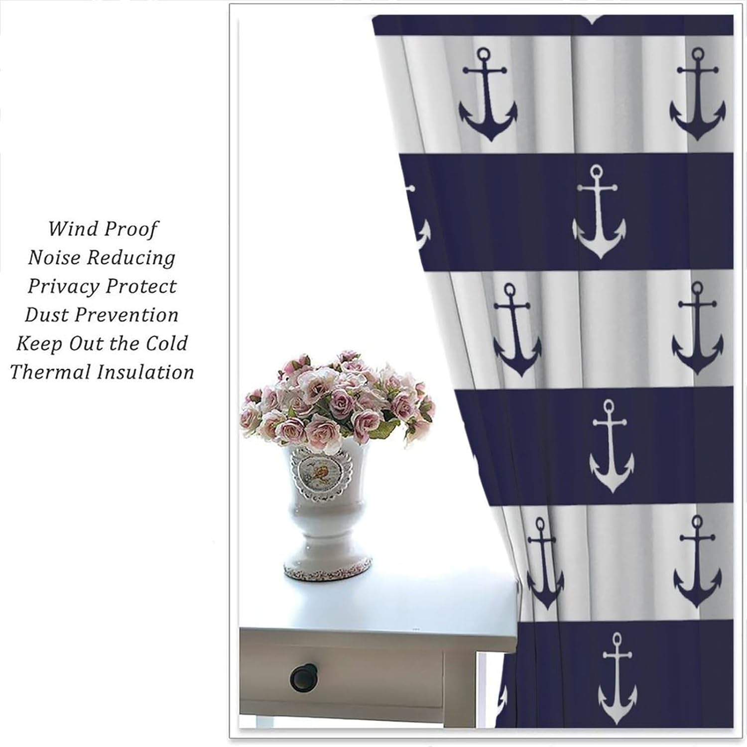 Nautical Curtains,Blue White Stripe Anchors Art Printed Window Treatments for Bedroom Living Room Home Décor Polyester Fabric Drapes 2 Panel Sets Total Size 42" x 63"