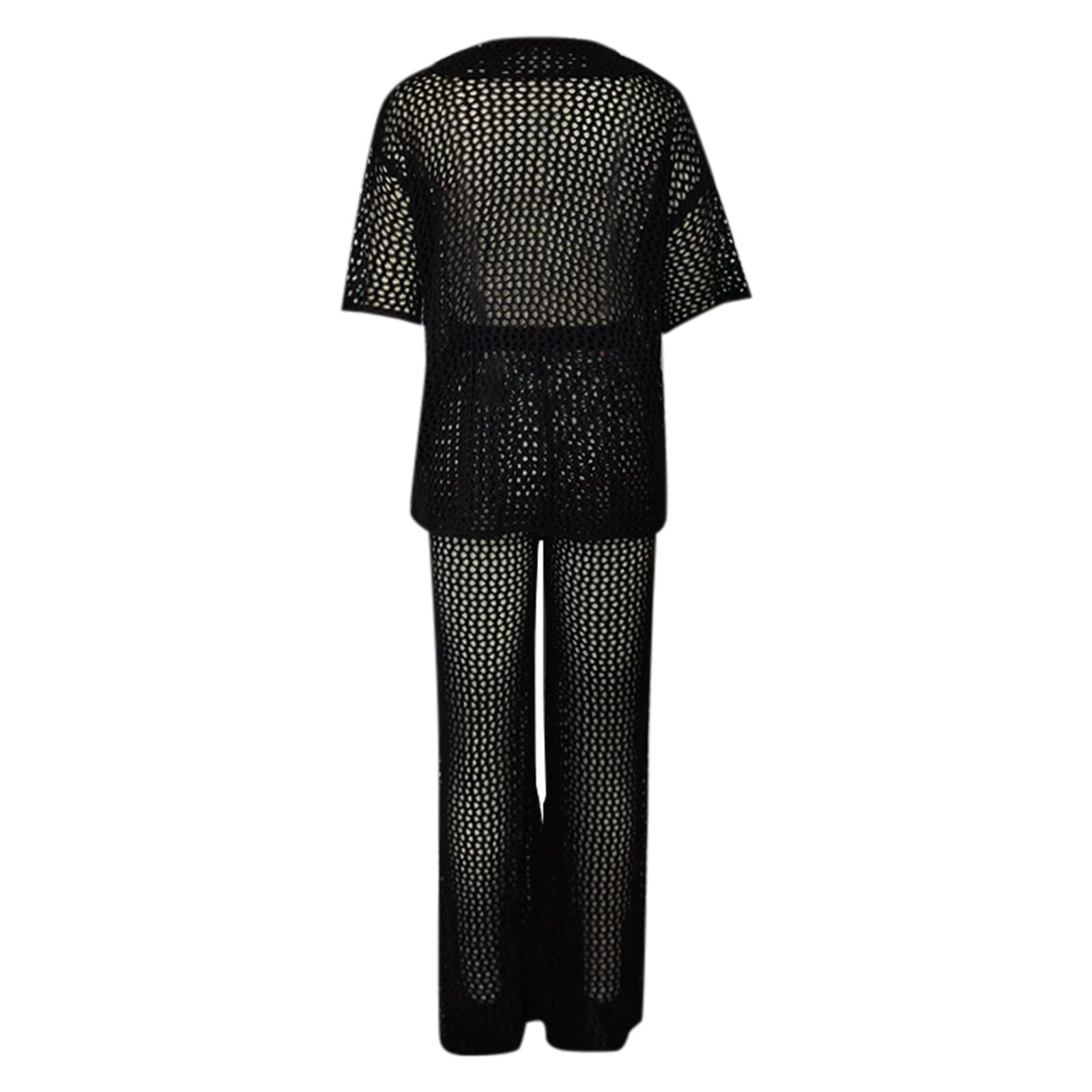Copricostume Donna Mare Cotone Completo da Spiaggia all'Uncinetto Due Pezzi con Top Traforato e Bottoni Pantaloni Larghi Copertura Elegante per Esterno Vacanze
