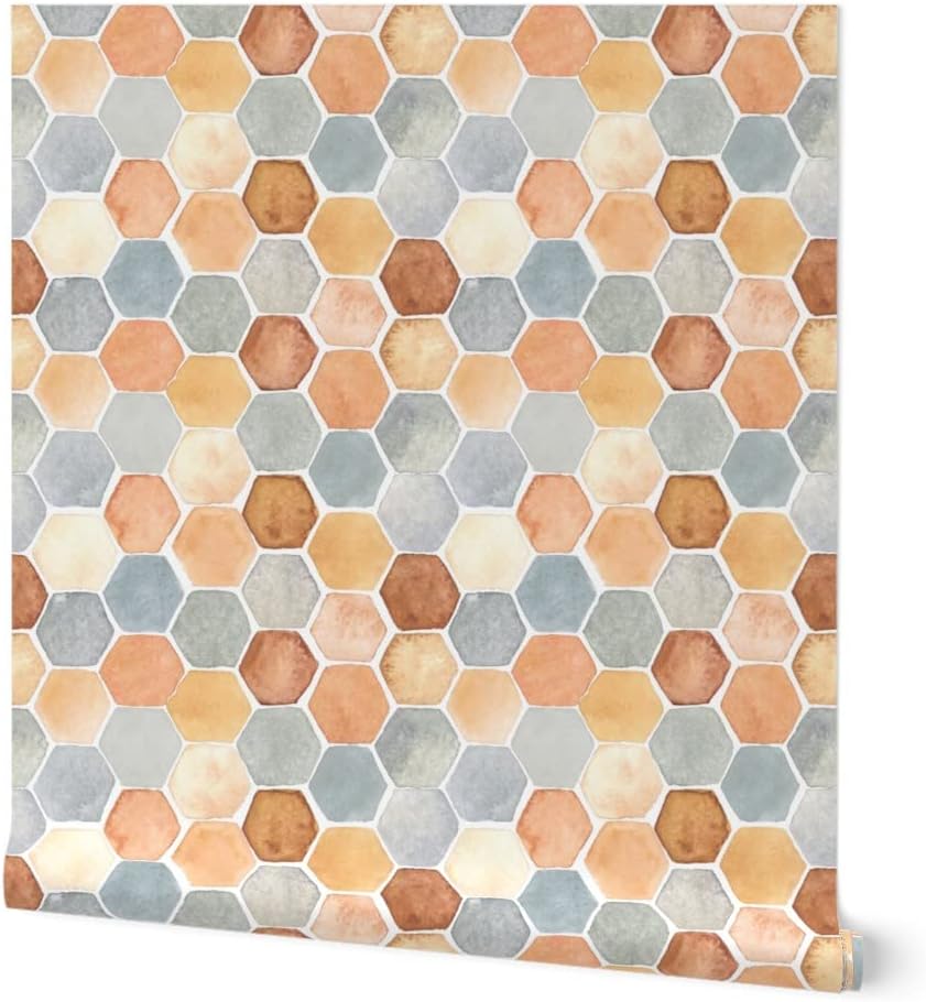 Spoonflower Peel & Stick Wallpaper 3ft x 2ft - Hexagon Watercolor Geometric Brown Abstract Earth Tone Custom Removable Wallpaper