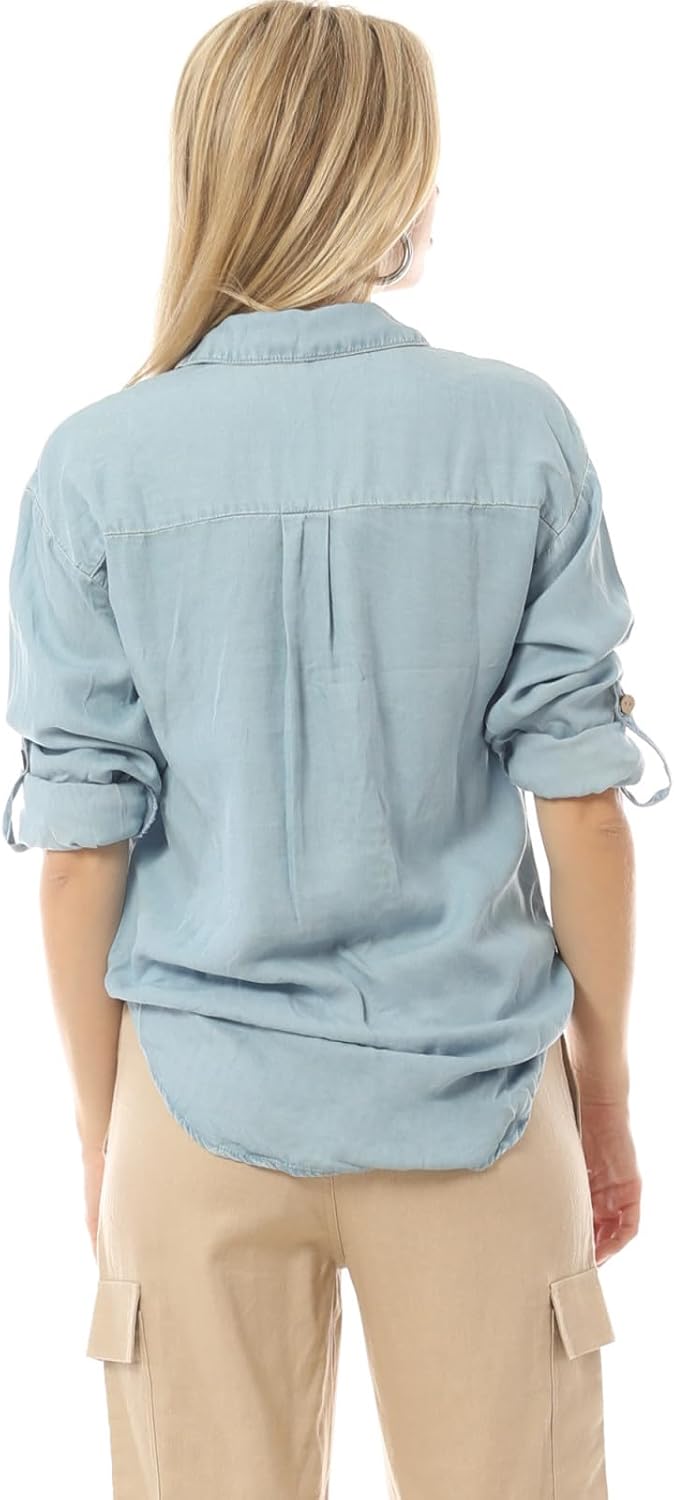 MixMatchy Women's Casual Basic Roll Up Sleeve Denim Chambray V-Neck Tencel Button Down Shirt - Image 6