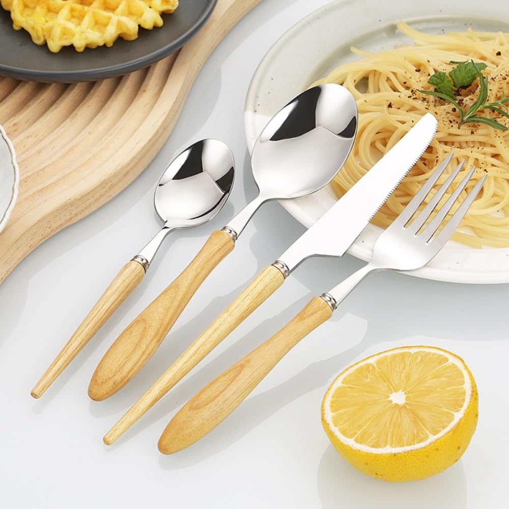Couverts de Cuisine en Bois de frêne Massif, Couverts en Acier Inoxydable, Couteaux et fourchettes en Acier, Couverts pour la Maison, Les fêtes et Les Restaurants (Manche en Gourde