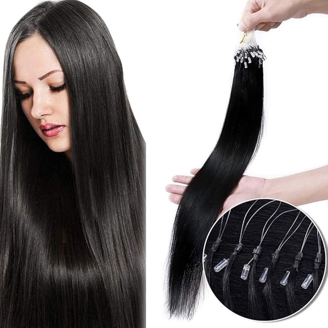 Hair Extensions Real Human Hair Micro Loop 100 Strands 50g With Micro Ring Beads Straight Remy Hair (#1 Jet Black, 16 Inch)