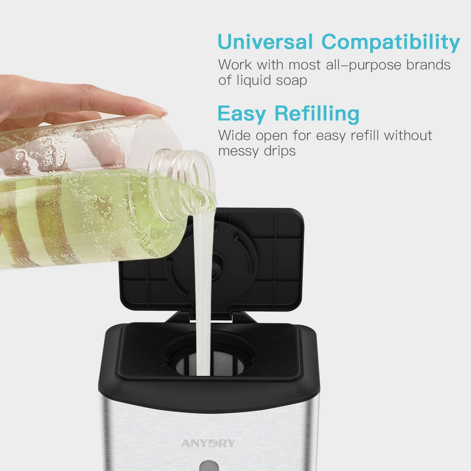 anydry AD1206 Kommerzielle Wandhalterung Automatischer Flüssigseifenspender Edelstahl-Finish 1100ml Großes Fassungsvermögen (Gebürsteter Edelstahl)