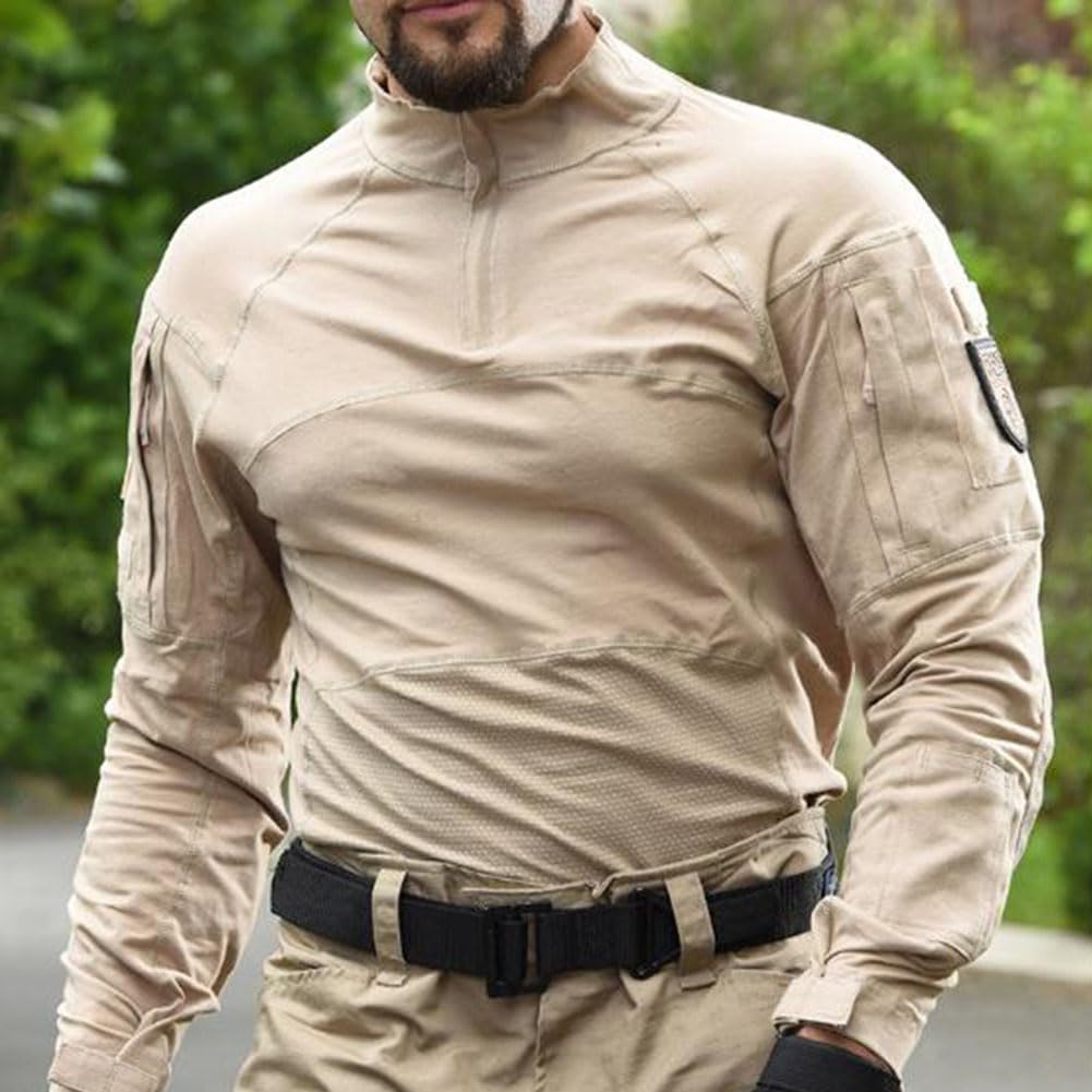Męska koszulka taktyczna z długim rękawem z zamkiem 1/4 w stylu wojskowym, slim fit, kamuflaż, odzież outdoorowa, na polowanie, kemping, wędrówki