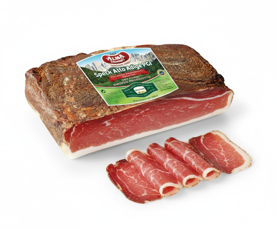 Alma Gourmet Speck Alto Adige IGP Approx. 5 lb (2.3 kg) - Traditionally Seasoned, Dry-Cured & Lightly Smoked Italian Prosciutto Style Ham, Whole Alpine Cured Pork Meat, Boneless and Ready to Slice, Vacuum Sealed Gourmet Charcuterie
