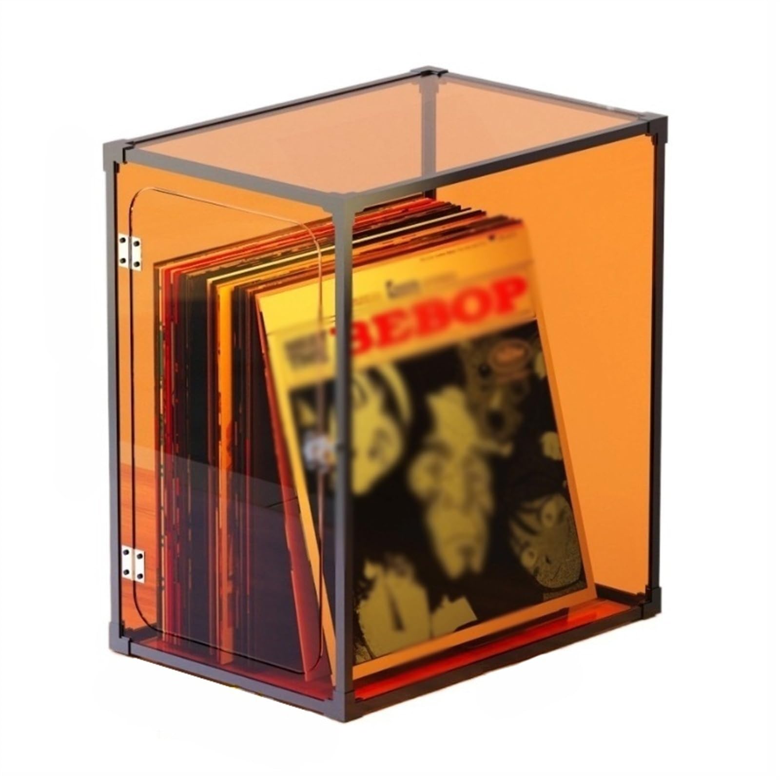 Ef2prc8kf Orange Record Rack Vinyl Record Storage Crate, Lp Holder Case With Aluminum Alloy Frame, Organic Glass Cover Organizer Box, Easy To Install