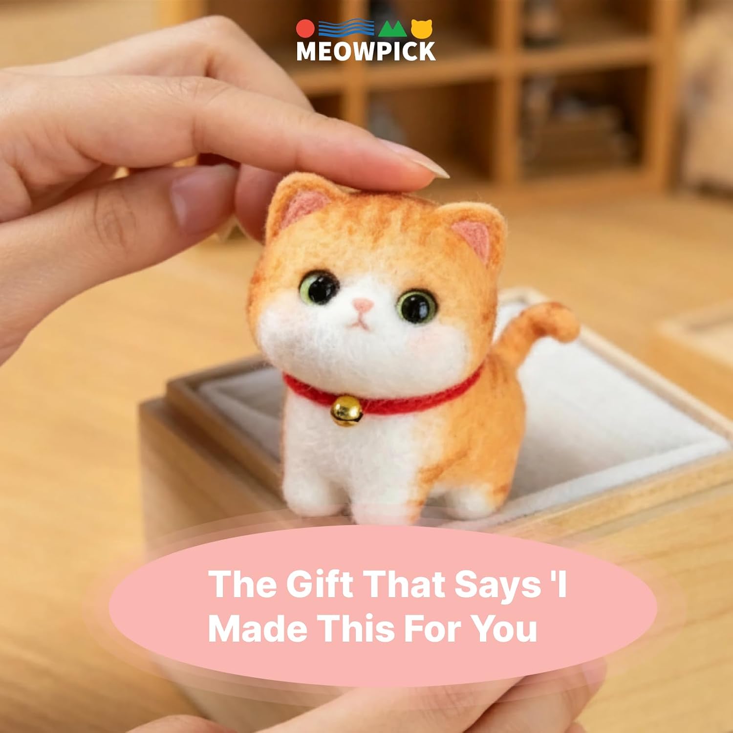 MeowPick Needle Felting Kit for Beginners, Cute Standing Cat Wool Plushie, 8cm Desk Decor & Keychain, Siamese/Orange/Blue Golden, DIY Craft with Tools & Video, Gift for Cat Lovers (Blue Golden)