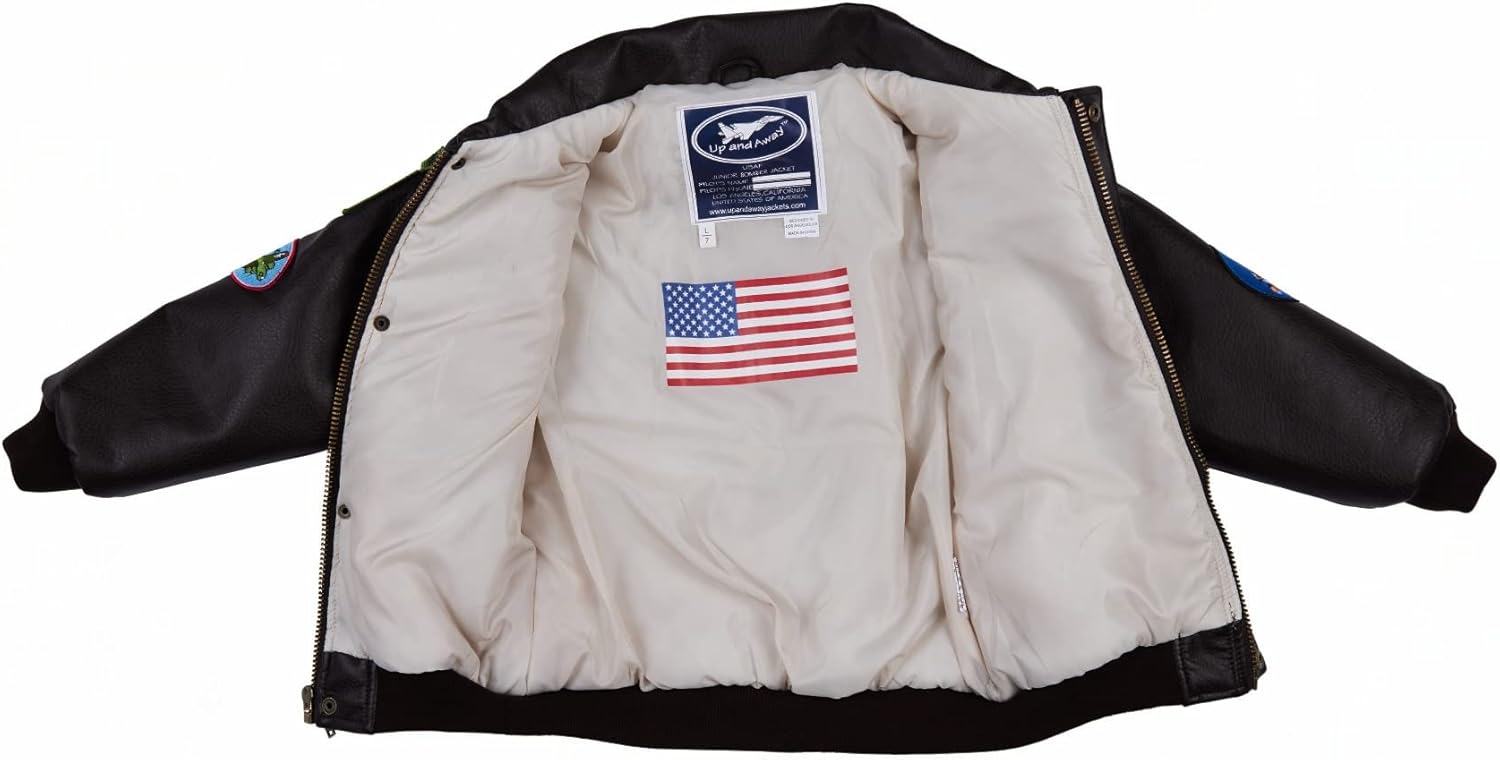 Up and Away Children's Medium-weight World War II (WWII) Bomber Jacket in Brown with 7 patches and 2 embroideries - Image 3