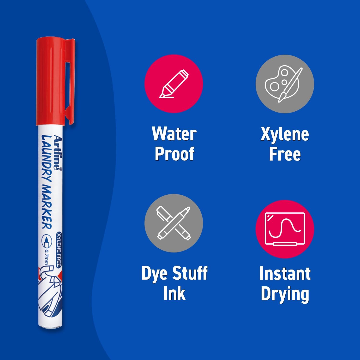 Artline Laundry Fabric Markers Permanent for Clothes, High Density Instant Dry Ink for Bright Clothing & Labels, Fabric Marker with 0.7 mm Fine Tip, Red, Pack of 12