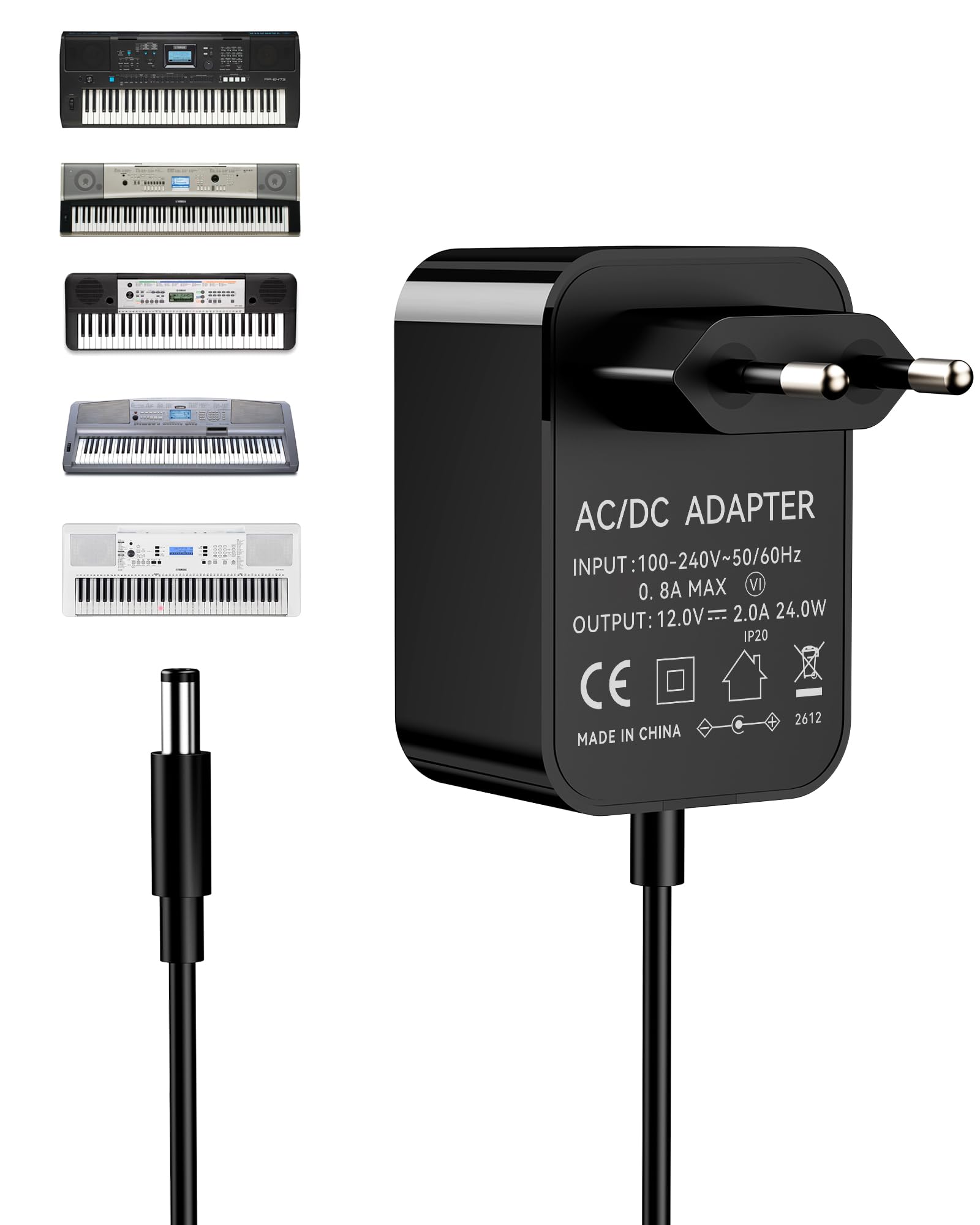 12V/2A Chargeur pour Clavier Yamaha Adaptateur Secteur d’Alimentation pour PA-130a PA-130b PA-150b P45 PA-3b PA-3c PA-5d PSR-210 PSR-78 P125 E373 Piano électronique 24W 1.5M