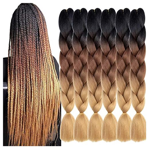 SHUOHAN 6 Packs Ombre Jumbo Braiding Hair Extensions 24 Inch High Temperature Synthetic Fiber Hair Extensions for Box Braids Braiding Hair (Black to Brown to Light Brown)