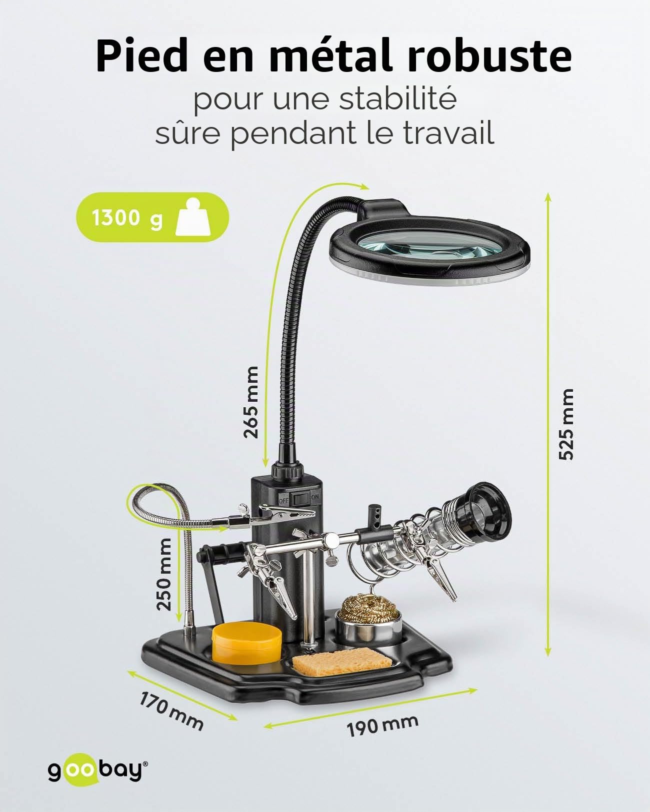Fixpoint goobay 45241 Aide au soudage avec lampe LED/Pince crocodile col de cygne Loupe avec lampe LED/loupe grossissante 3x / support de fer à souder intégré, éponge et laine de nettoyage / 1 pièce