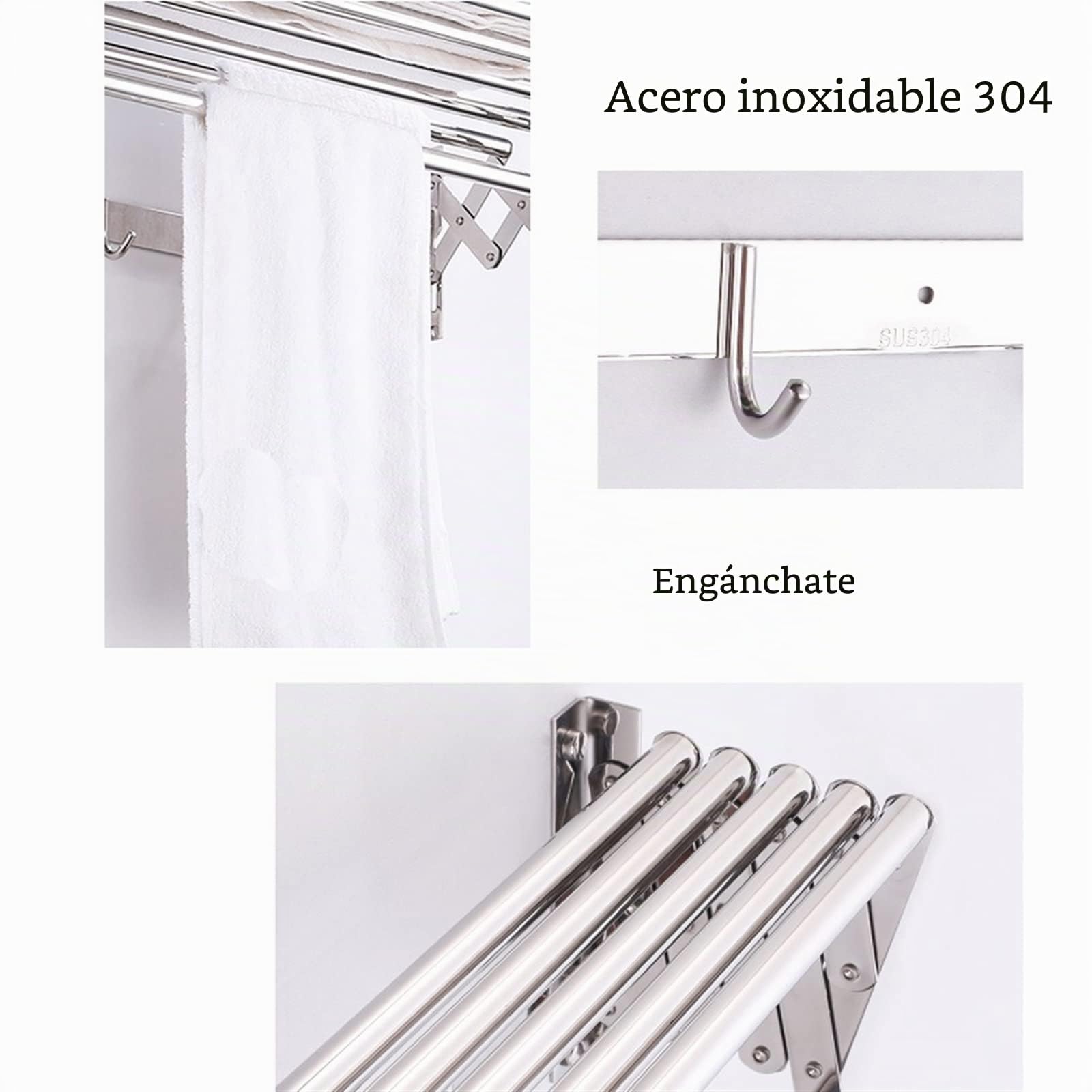 Tendedero De Ropa Retráctil Plegable Tendedero Secador Montado En La Pared Toallero De Baño Ganchos Línea De Paño Lavado Tendedero Extensible Acero Inoxidable (Size : 80cm)