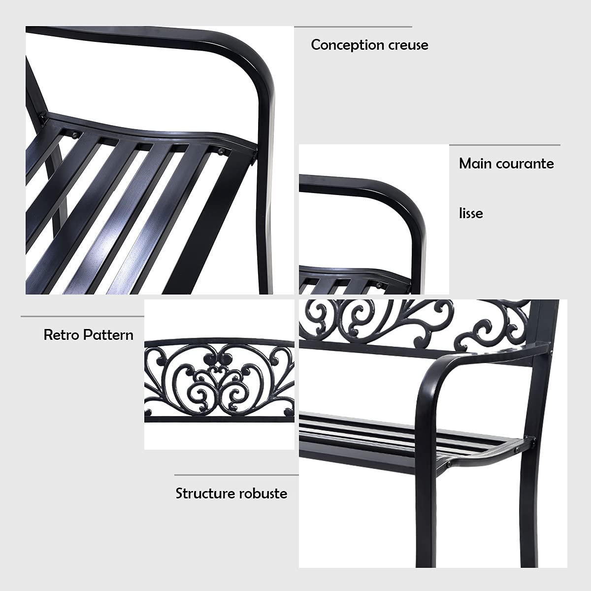 GOPLUS Banc Exterieur Jardin, 126 x 60 x 85CM, Banquette Exterieur avec Dossier en Fer, Style Elégant et Chic, Place Assise pour 2 Personne, Design Ajouré en Papillon, Idéal pour Terrasse, Patio, Noir