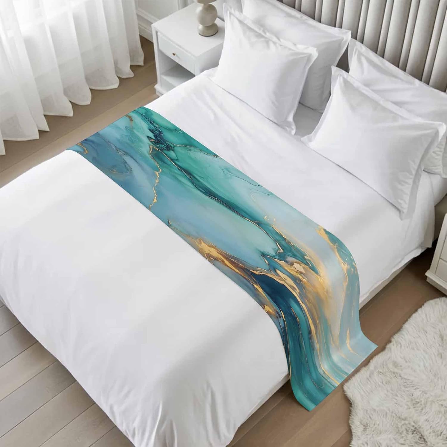 Marble Teal Bed Runner Cal King Size, Luxury Golden Modern Abstract Art Bed Scarf Protector Slipcover for Bedroom Wedding Room Hotel, Bedding Runner Throws for Foot of Beds 102"x20"