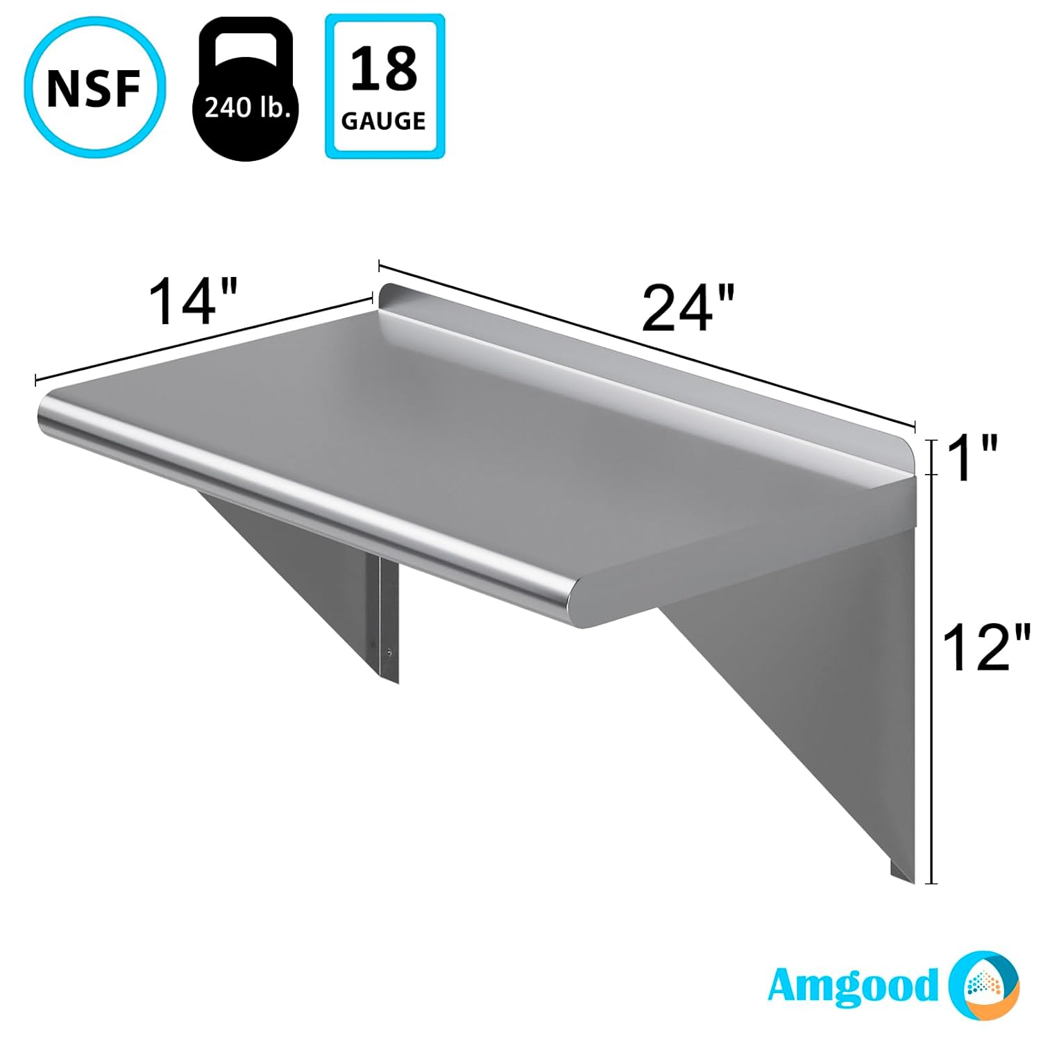 AmGood 14" Width x 24" Length | Stainless Steel Wall Shelf | Square Edge | Metal Shelving | Heavy Duty | Commercial Grade | Wall Mount | NSF Certified