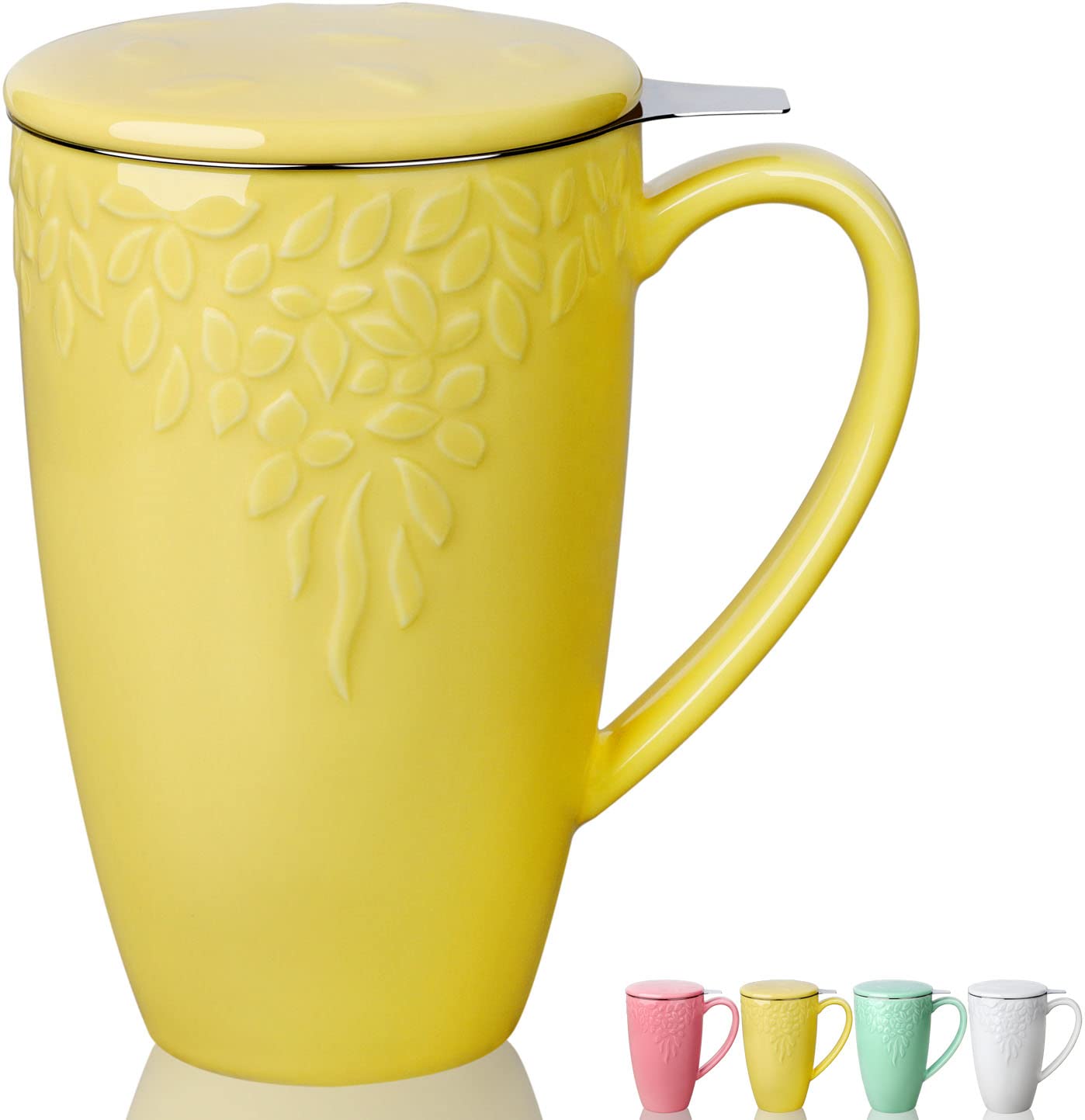 toptier Tea Cups with Infuser and Lid, Large Tea infuser Mug, Porcelain Tea Strainer Cup with Tea Bag Holder for Loose Tea, Coffee, Ceramic Tea Steeping Mug, 16 Ounces, Yellow Leaf