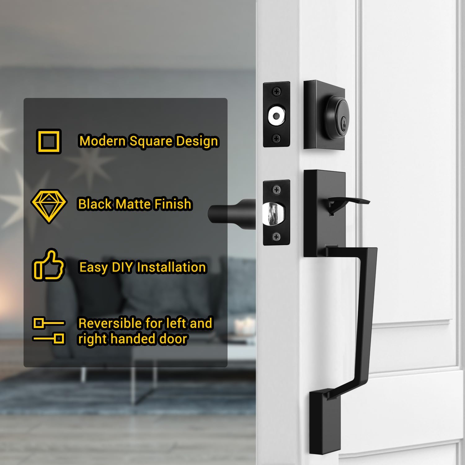 Ohuhu Front Door Lock Set, Heavy Duty Upgraded Front Door Handle Black Locksets with Deadbolt - Entry Exterior Door Handle Sets Single Cylinder Reversible Lever Matte Finish Zinc Alloy Modern Style