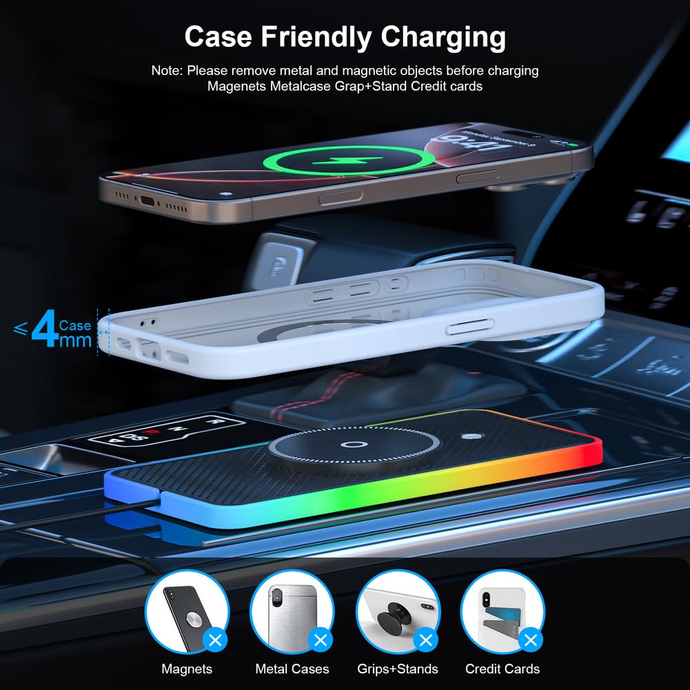 1 caricabatterie wireless per auto, 20 W, ricarica rapida con luce RGB, tappetino antiscivolo per iPhone per Android, supporto magnetico per cruscotto auto, ABS nero, uso domestico e auto (cavo
