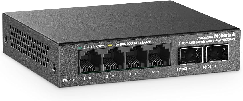 MokerLink 4 Port 2.5G Ethernet Switch with 2x10G SFP+ Slot, 4x2.5G Base-T Ports Compatible with 100/1000Mbps, Mini Size, Metal Unmanaged Fanless Network Switch