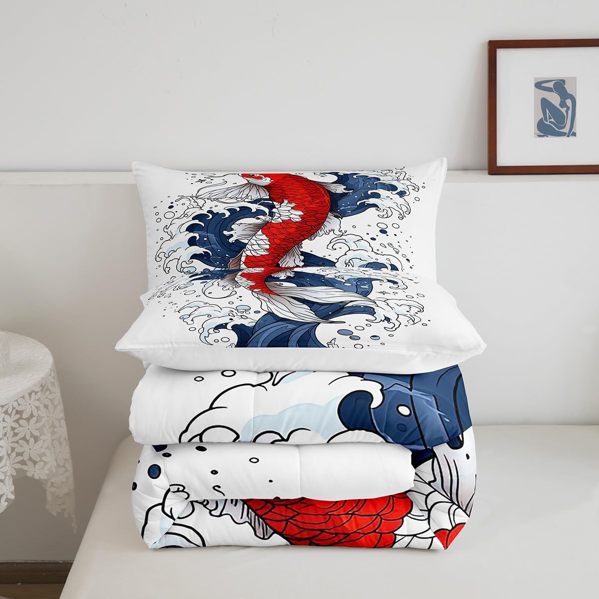 Erosebridal Koi Comforter Set, Goldfish Bedding Set Sea Wave Duvet Set Ukiyo-E Japan Ocean Quilt Set Queen Size for Dorm Bedroom Living Room Decorative Underwater World Oasis Quilt Set