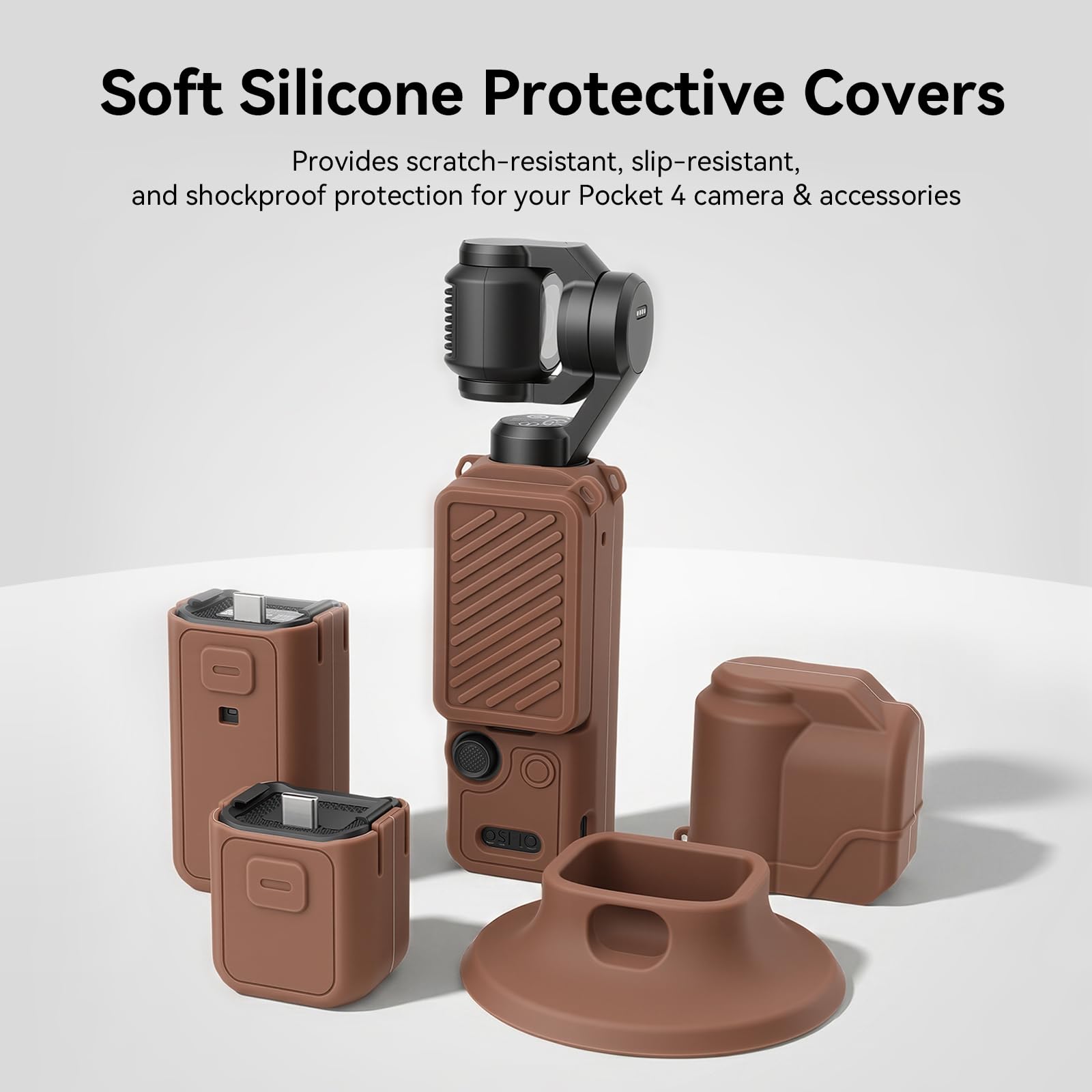 AMAZEAR Custodia Silicone per DJI OSMO Pocket 4, Pocket 4 Accessori Cover Protettiva Silicone Morbido Combo con Vetro Temperato Protezione Schermo Obiettivo, Supporto Silicone, marrone