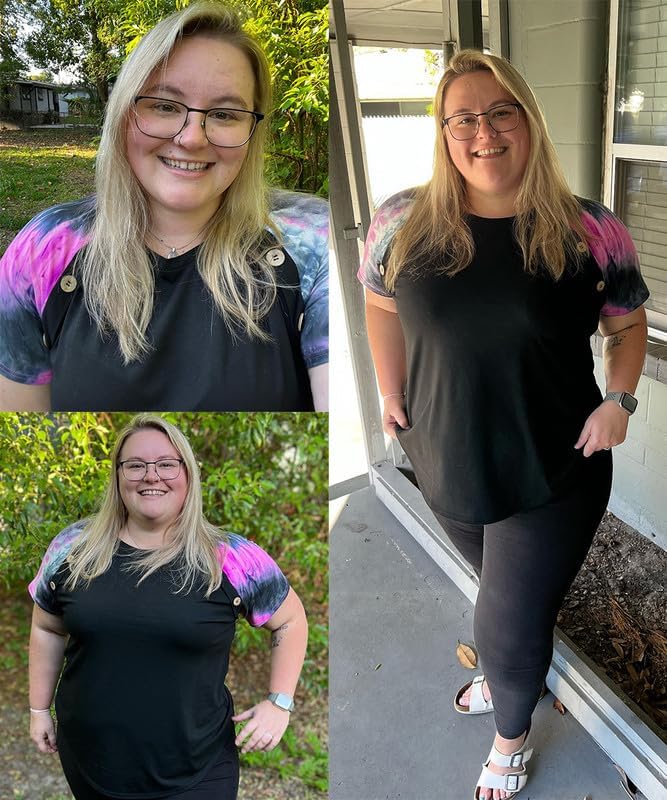 TIYOMI Plus Size Short Sleeve Tops Button Raglan Sleeve Black Tie Dye Color Block Tunic Blouses Loose Fit Outwear Summer Tees Fashion Round Neck Outfit - Image 2